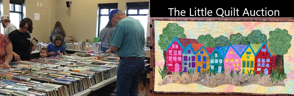 Pictures from Friends of the Library Events: one depicting people shopping during the used book sale and one of the little quilt auction