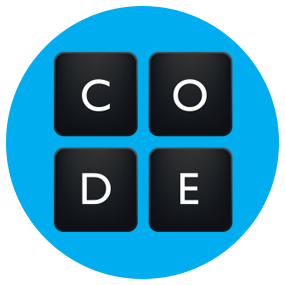 Blue circle symbol with the word CODE inside