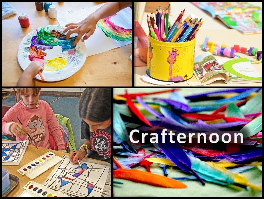Crafternoon graphic with pictures of colored pencils, finger paints, and children coloring