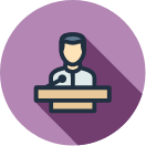 Reserve a Room quick link icon with man speaking at a podium graphic