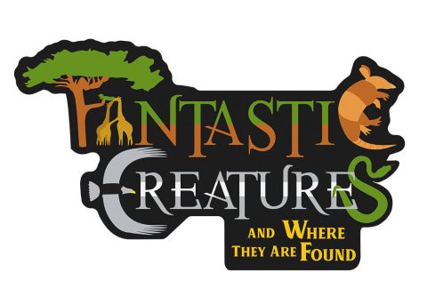 Fantastic creatures logo with snake, tree, bird, and giraffes.