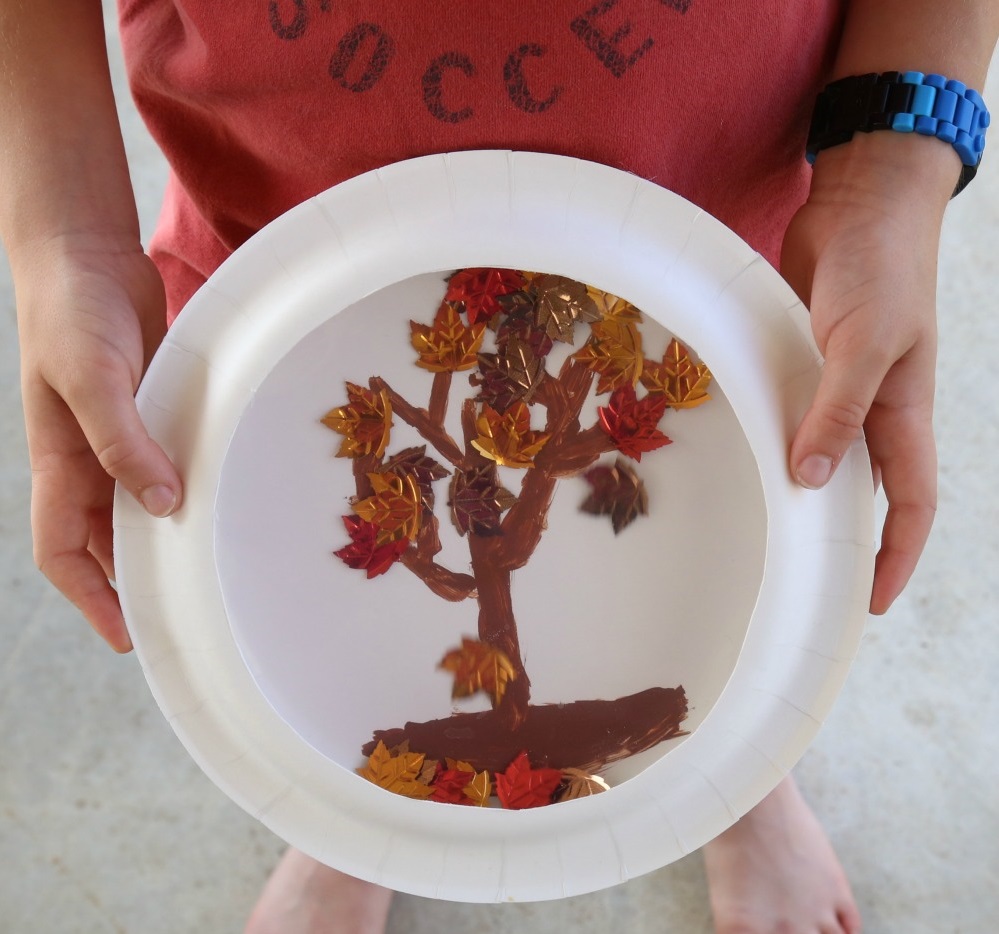 fall tree snow globe made from paper plates
