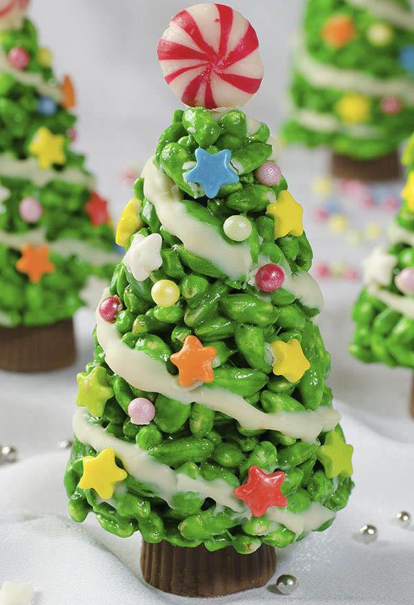 rice krispy tree decorated with candy