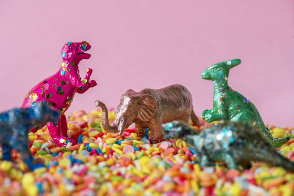 sparkly dinosaurs and an elephant in sprinkles