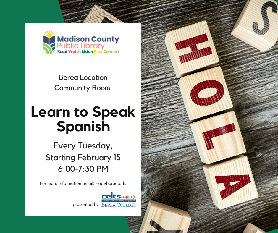 Spanish language classes for adults. Every Tuesday from 6-7:30 PM at the Berea Library. 