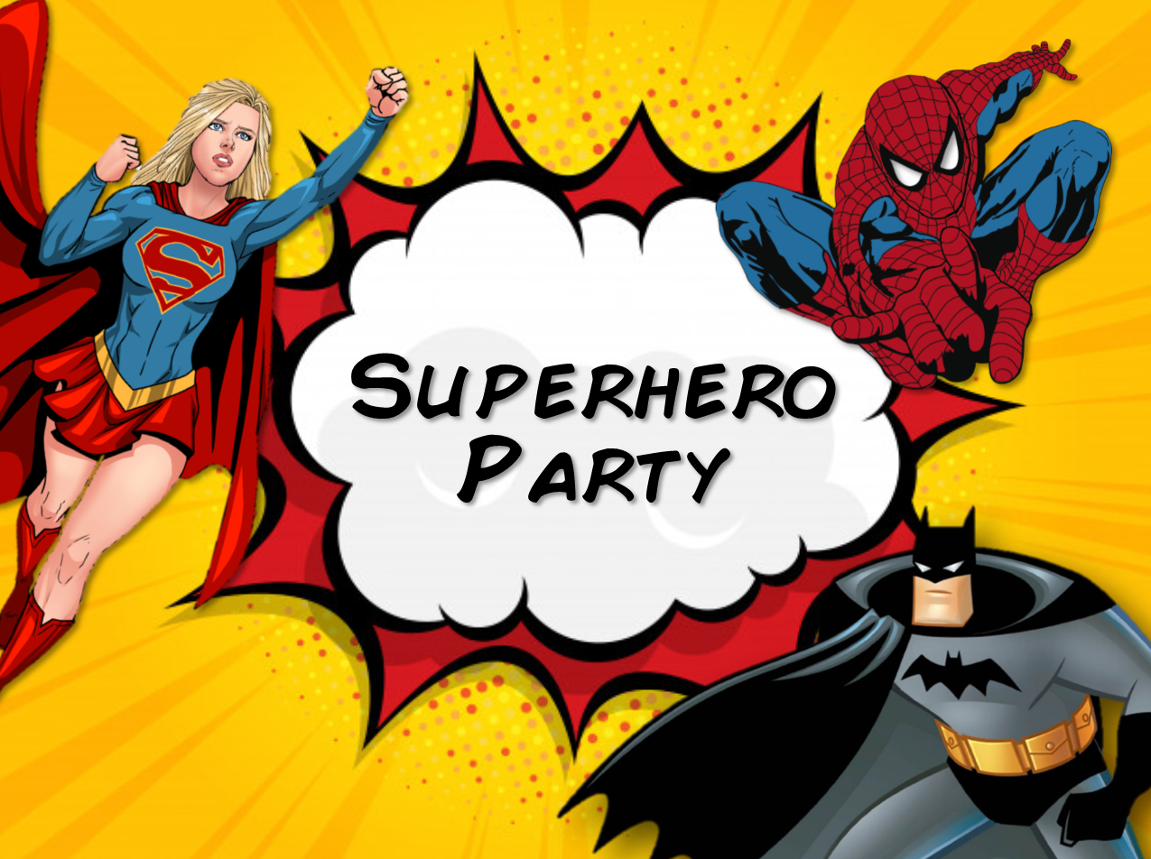superhero party banner with spiderman, batman, and super girl