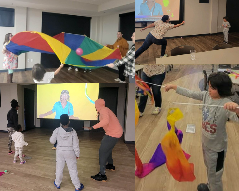 collage of families dancing, playing with a parachute, and twirling ribbons