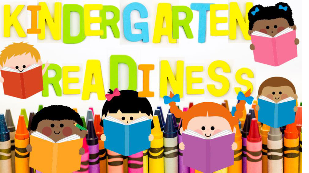 Kindergarten Readiness sign with crayons and children reading