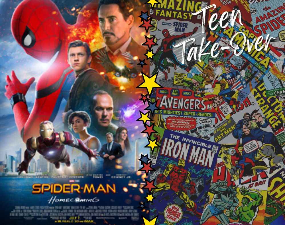 teen takeover sign with comic books and Spider-man Homecoming poster