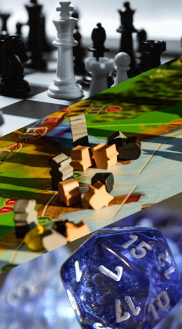 Three images of tabletop games - a chess game, a game of Carcassone, and a 20-sided die for role-playing games.