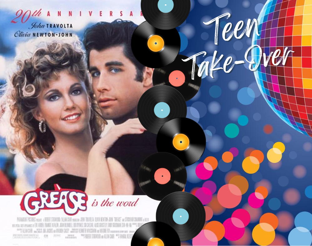 Teen Takeover image with Grease poster and disco themed background
