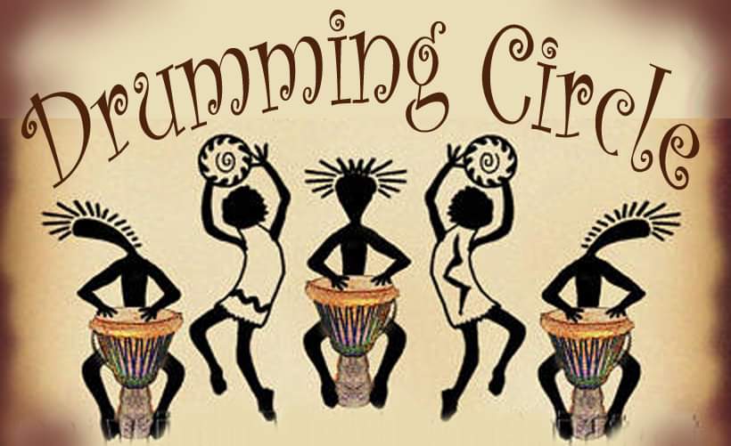 drumming circle sign with figures drumming