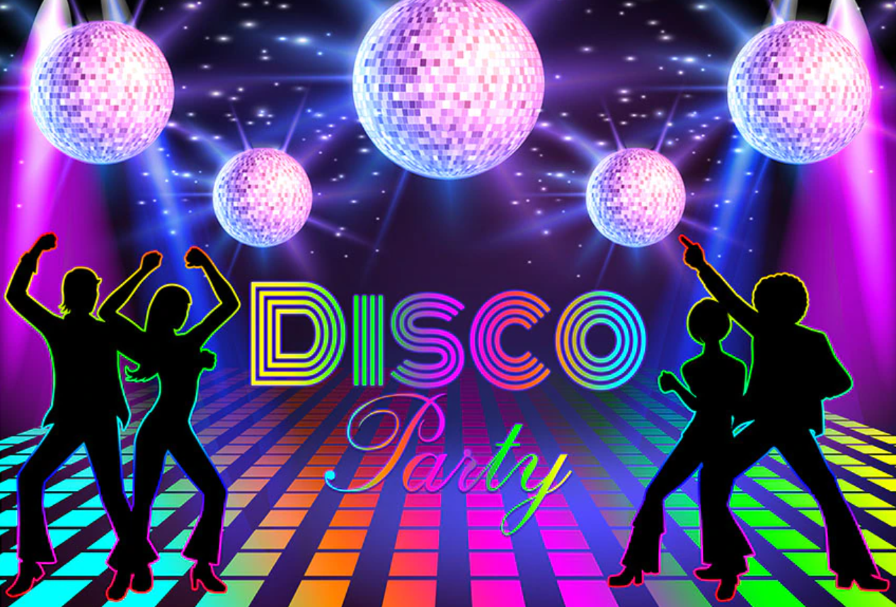 silhouettes dancing in a colorful room with disco balls and the words 'Disco Party'