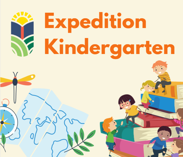 Expedition Kindergarten Logo with map, compass, and children climbing a mountain of books