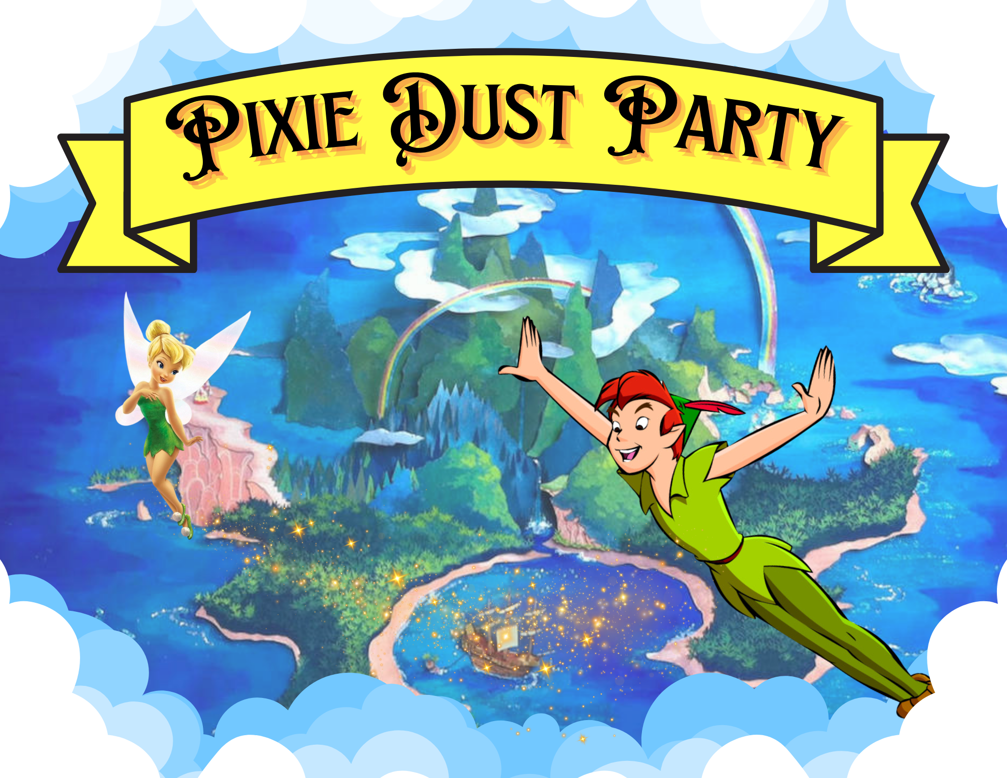 Image of Peter Pan and Tinker Bell with "Pixie Dust Party" written above