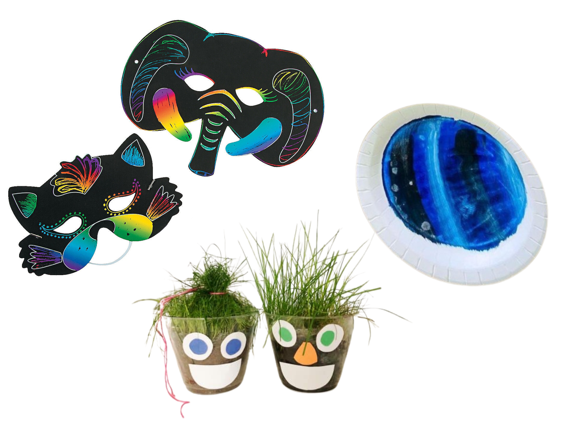 image of masks, paper plate craft, and grass in small pots