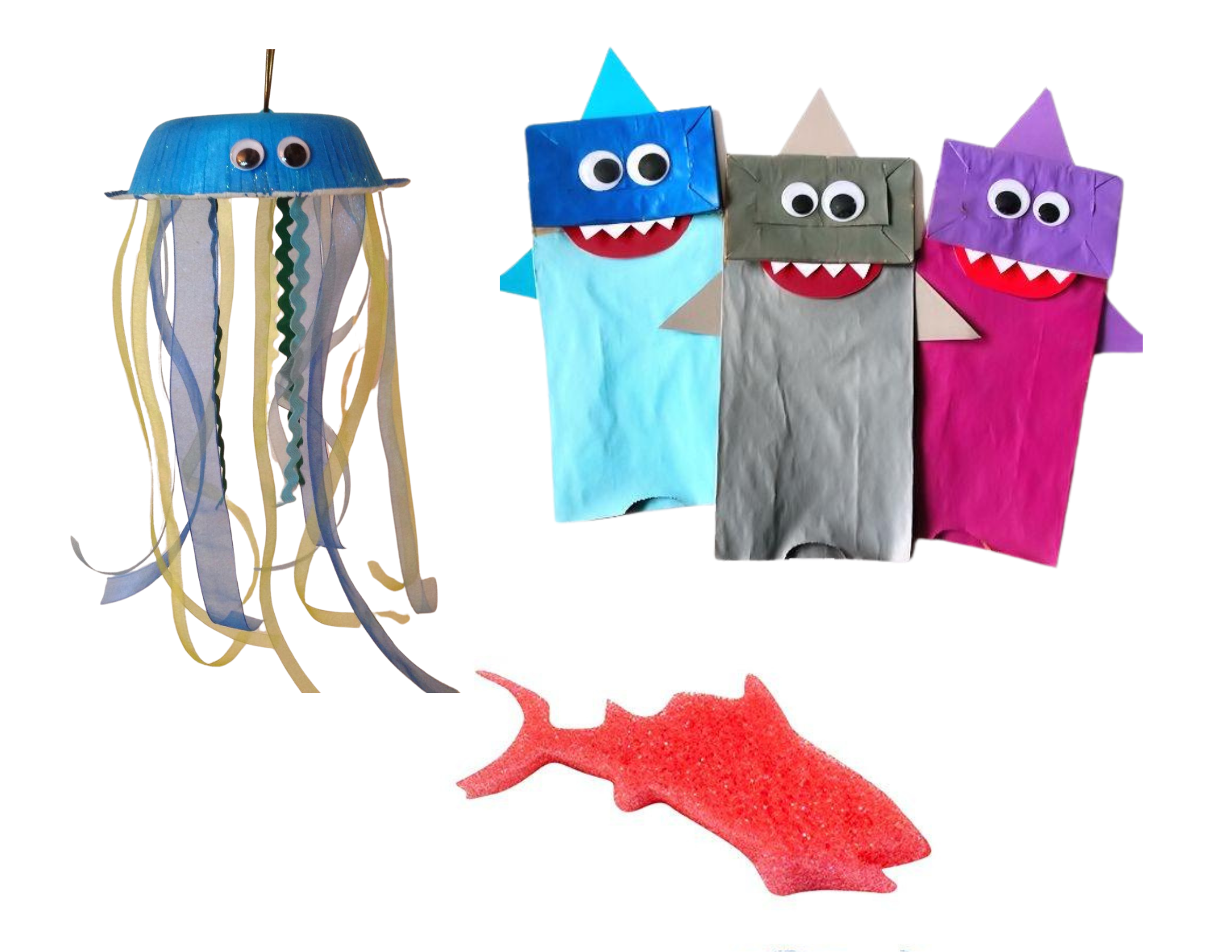 image of jelly fish craft, paper bag puppets, and fish sponge