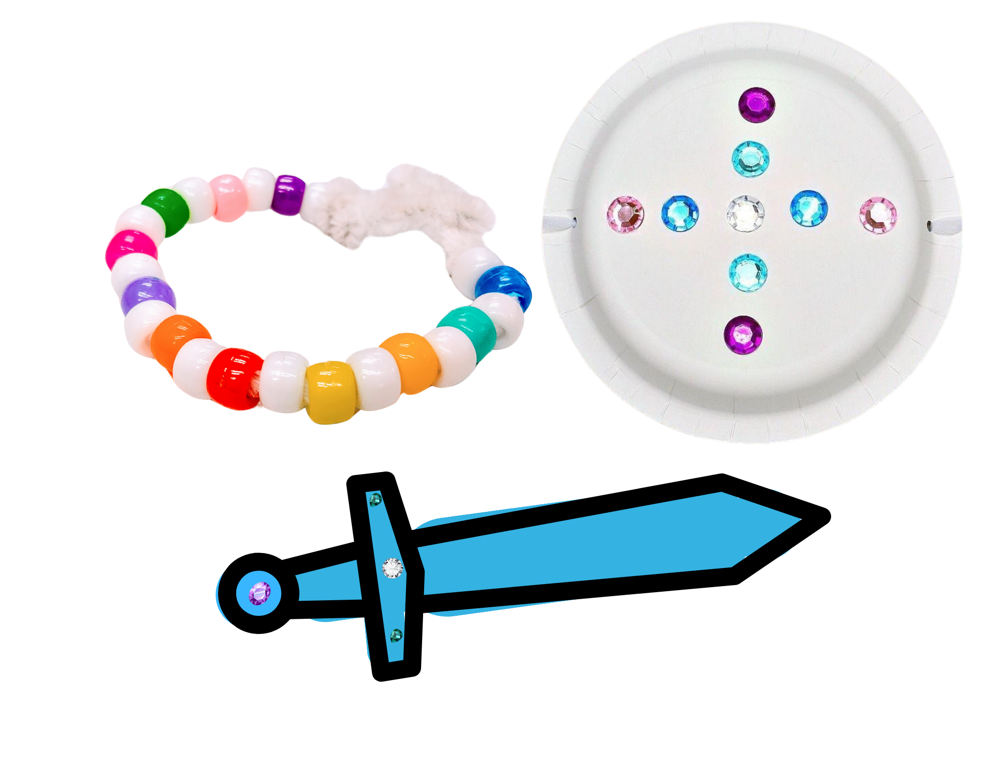 image of a bracelet, sword, and paper plate shield