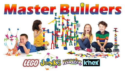 children playing with legos, k'nex, and a marble run