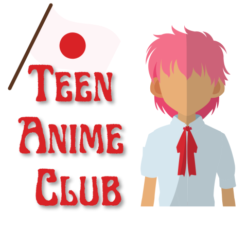 "Teen Anime Club" in red lettering with anime character and japanese flag 