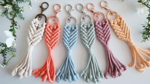macrame fish tail keychains in various colors