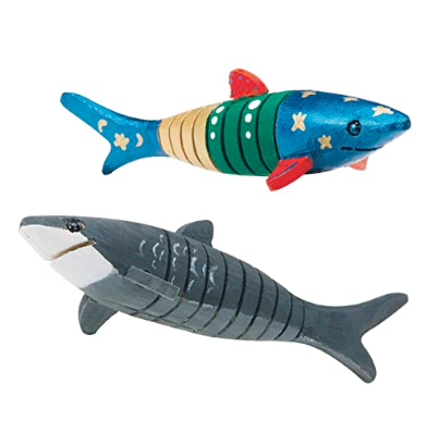 painted wooden sharks