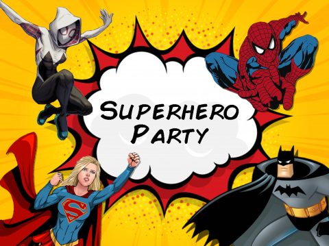 superhero party banner with batman, super girl, spider gwen, and spider man
