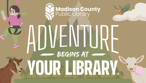 Adventure at Your Library logo with goats, rock climbing, and cotton candy