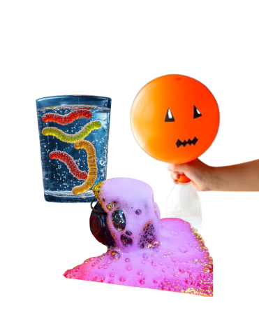 Image of gummy worm, balloon, and cauldron baking soda experiments