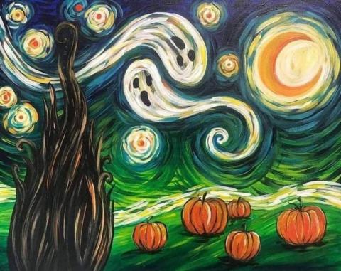 Starry night with added ghosts and pumpkins