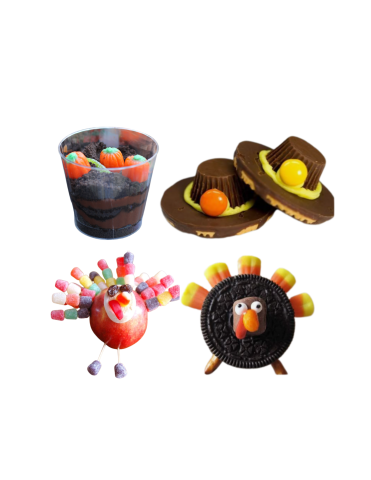 Image of various foods: pilgrim hats, dirt cup, apple turkey, and an oreo turkey