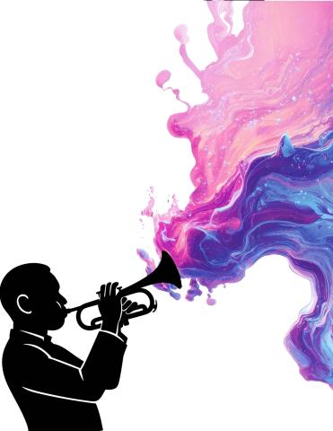 Image of a jazz player silhouette with colors leaving his trumpet