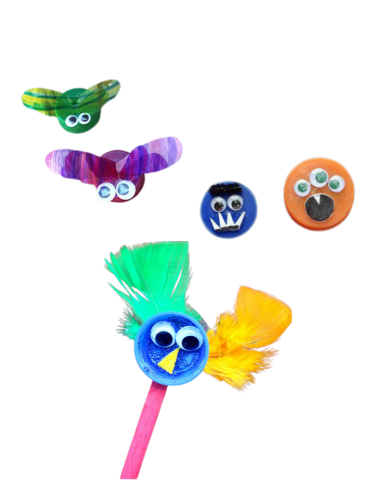 Image of bottle cap crafts: bugs, monsters, puppets