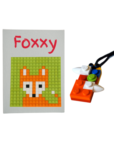 Image of lego necklace and lego art on a canvas