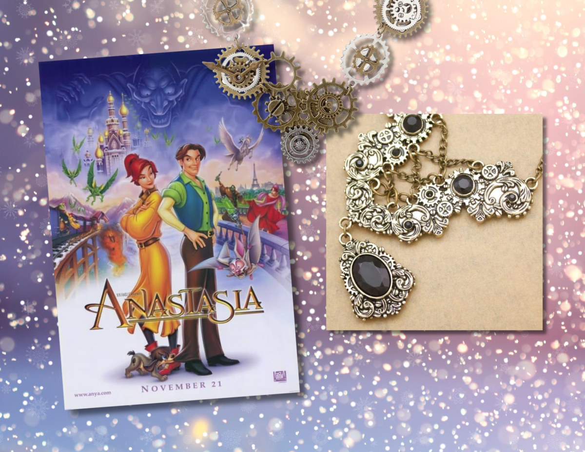 A poster for the film Anastasia with examples of steampunk jewelry on a snowy background