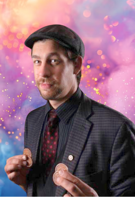 Chris Yantek with trick coins on a colorful background