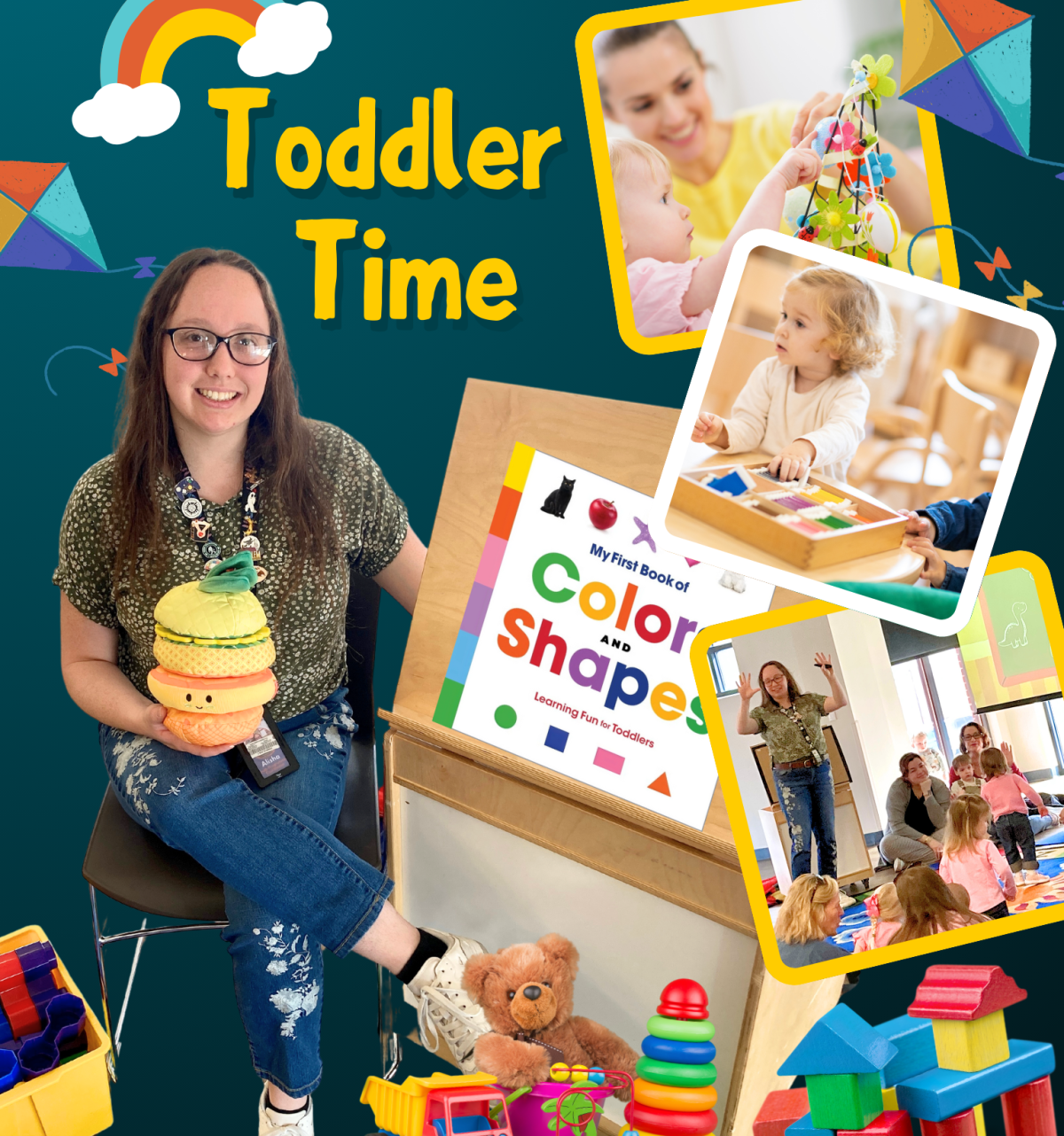 Alisha holding a book surrounded by toddler toys