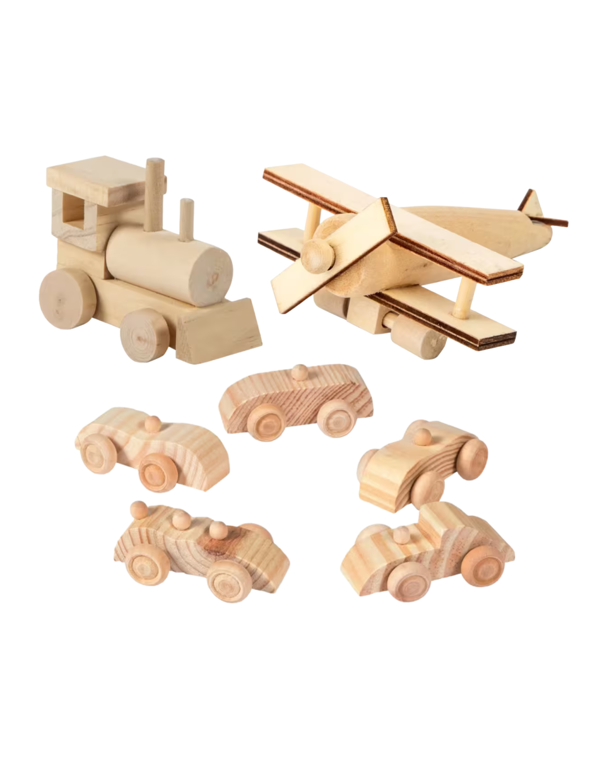 Image of a wooden train, plane, and cars