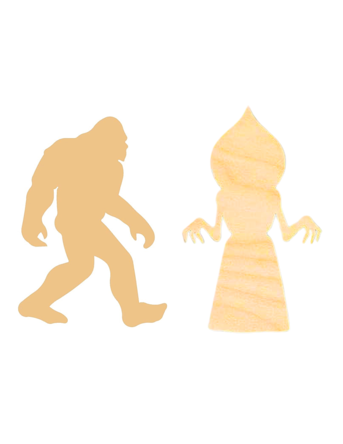 Image of wooden cutouts of bigfoot and the flatwoods monster
