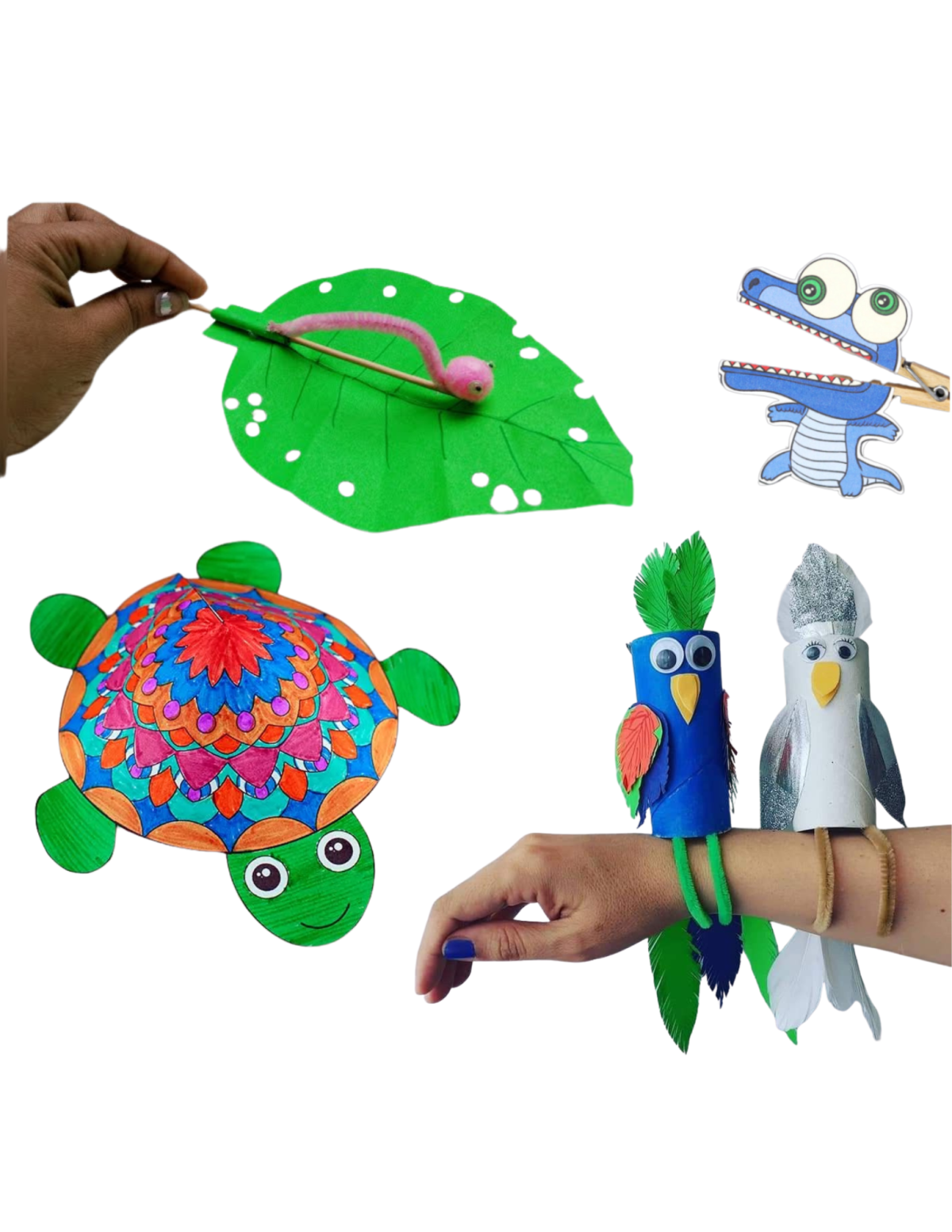 Image of several crafts: moving worm, crocodile puppet, paper turtle, bird bracelets